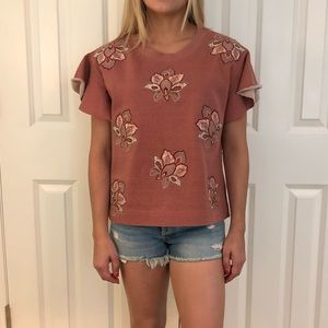 Embroidered Flutter Sleeve Top